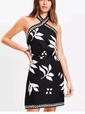 LOFT NWT Fern Linen Blend Black White Halter Lined Mini Dress Size 12 Petite